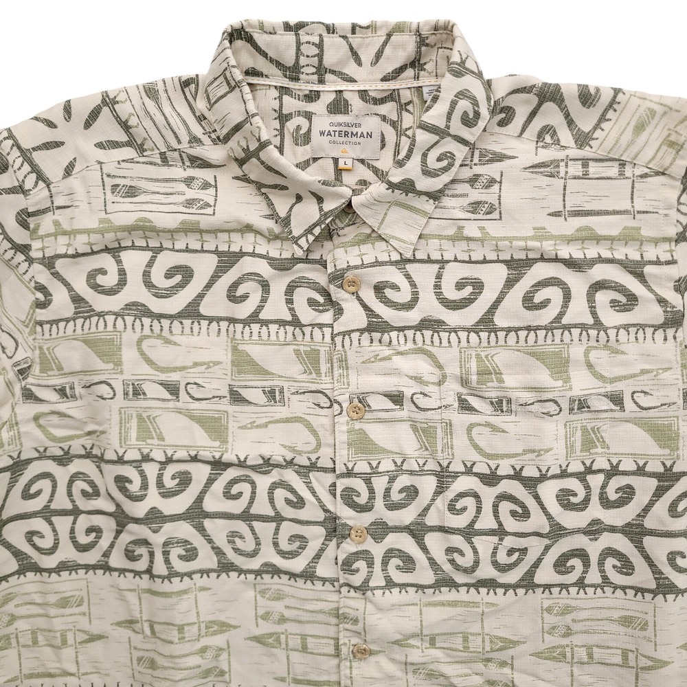 Quiksilver Shirt Mens Large Waterman Collection Beige Outrigger Tribal Button Up